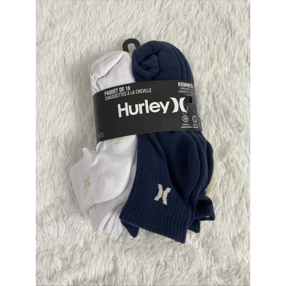 Hurley Quarter Crew Socks Sport Mens Designer Cushioned 10 Pack Navy Beige White